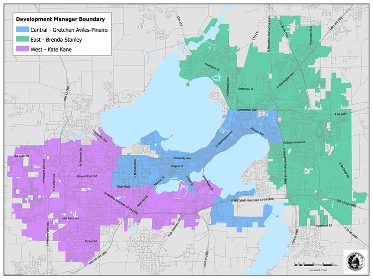 Map of the City of Madison showing Developer Manager Boundaries.